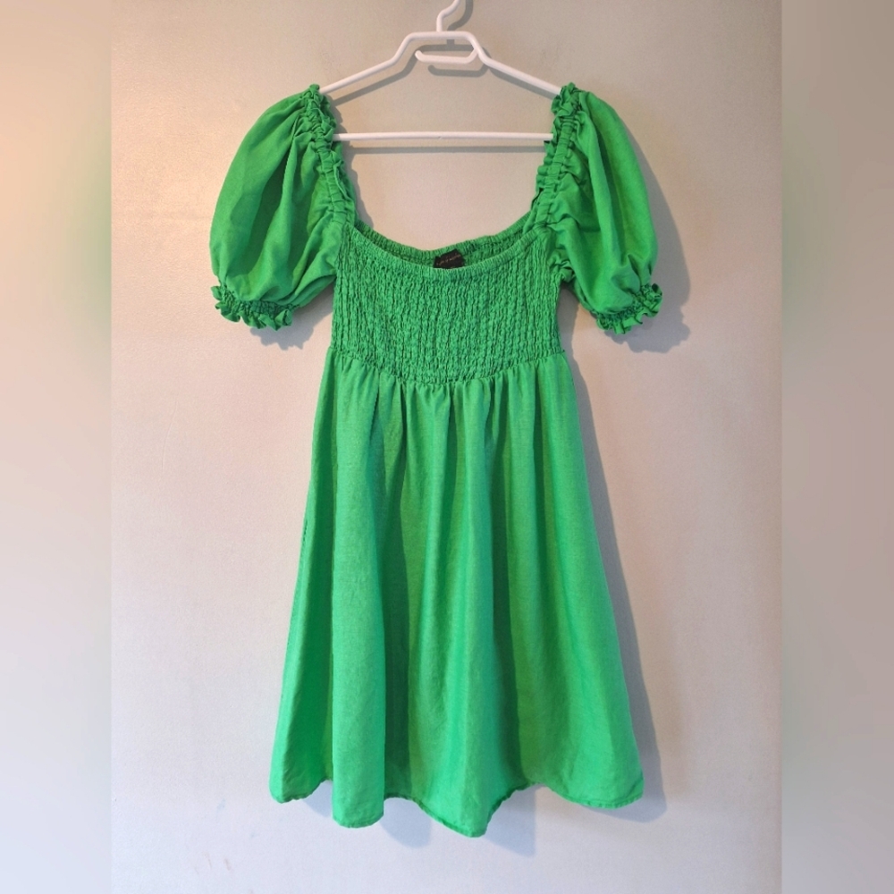 House of Harlow 1960 Kelly Green 100% Linen Dress Smocked A-Line - S